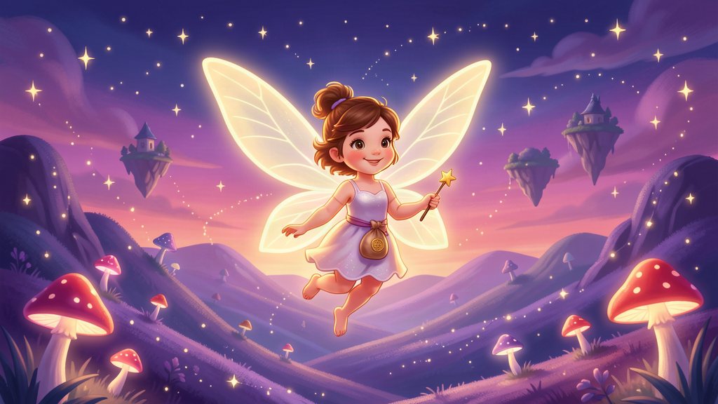 The Tooth Fairy flying over a magical moonlit valley