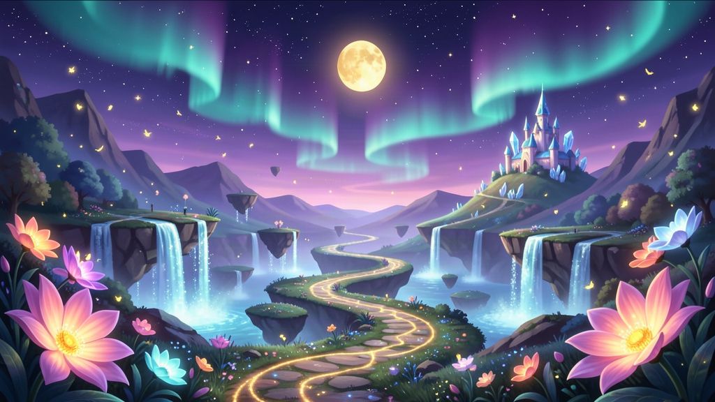 A magical twilight valley with a glowing path to a crystal castle